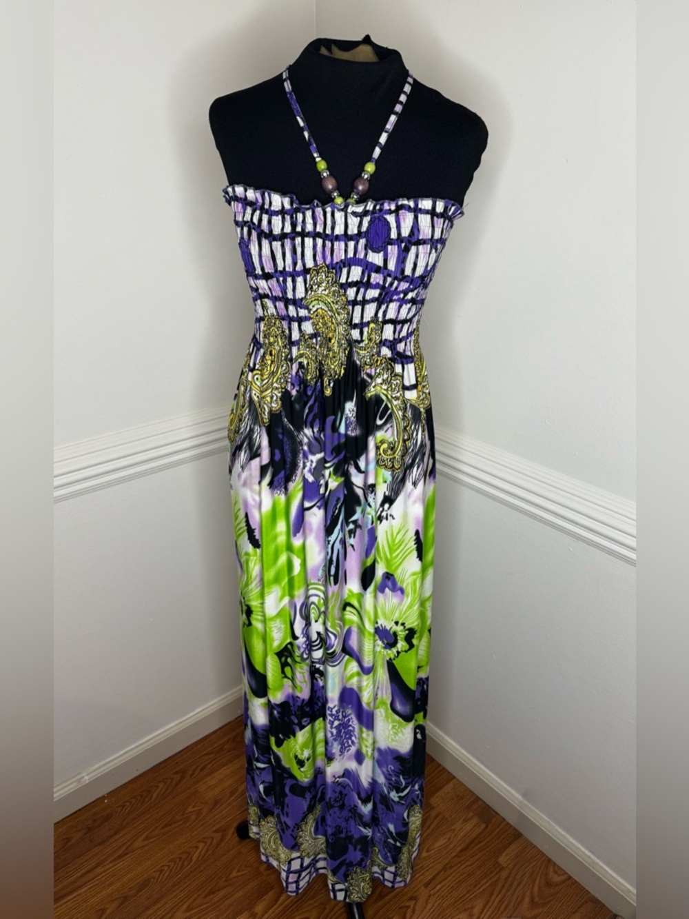 Cristinalove Tie Back Maxi Dress in Purple, Lime & Black Floral